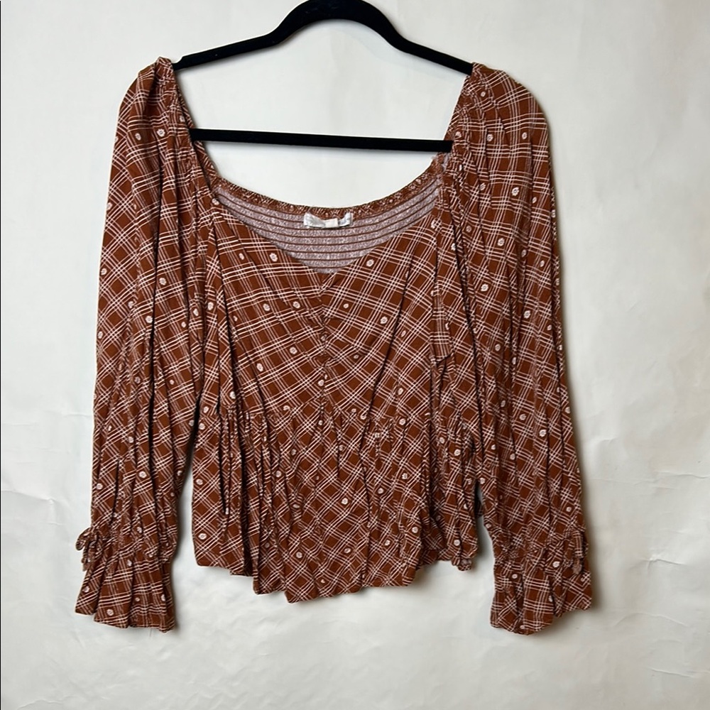 Rewind Brown and White Ruffled Long Sleeve Blouse